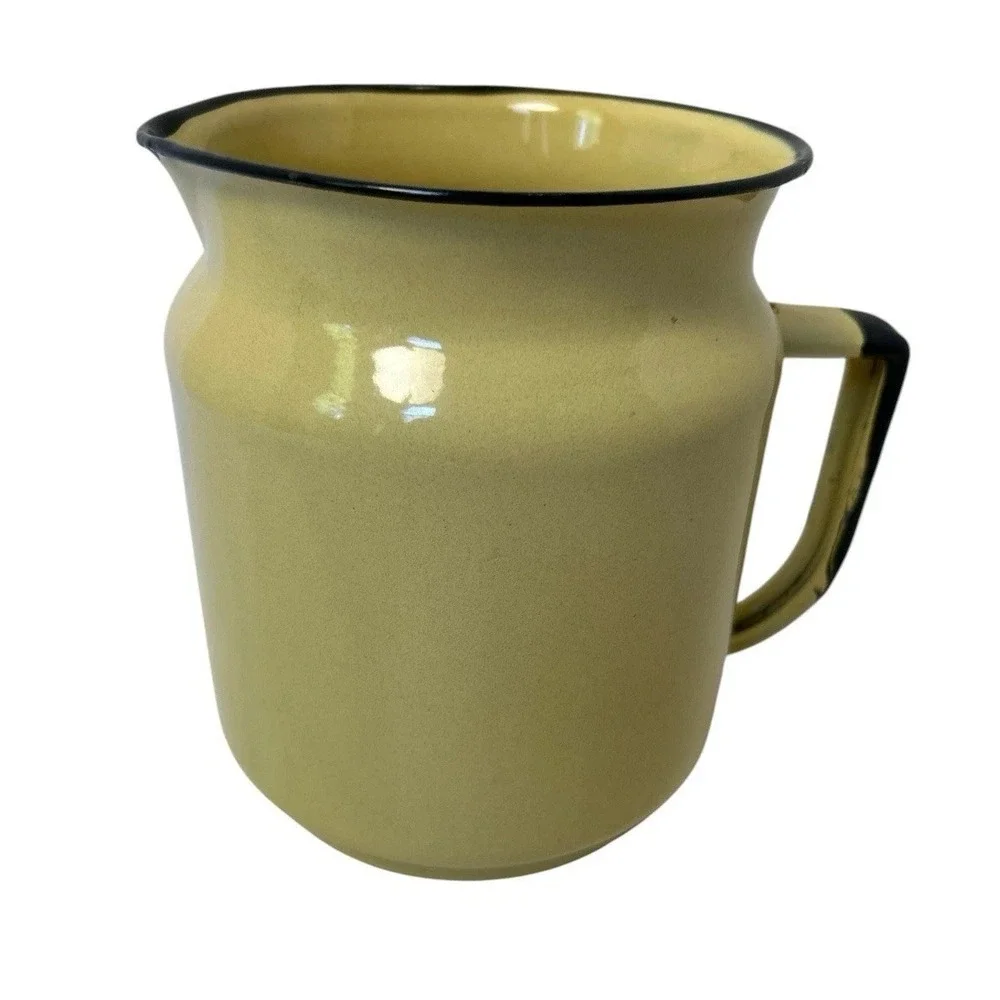 Vtg Enamelware Pitcher Black Trim Yellow Farmhouse Prim Country Americana